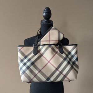 Burberry Tote w/detachable pouch - Traditional Slant Plaid in Leather